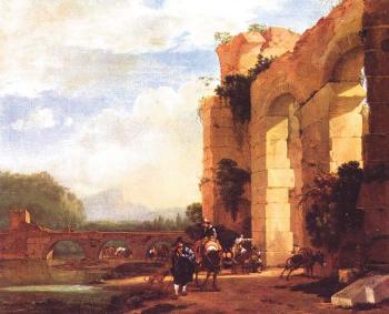 Graphic Italian Landscape with the Ruins of a Roman Bridge and Aqueduct